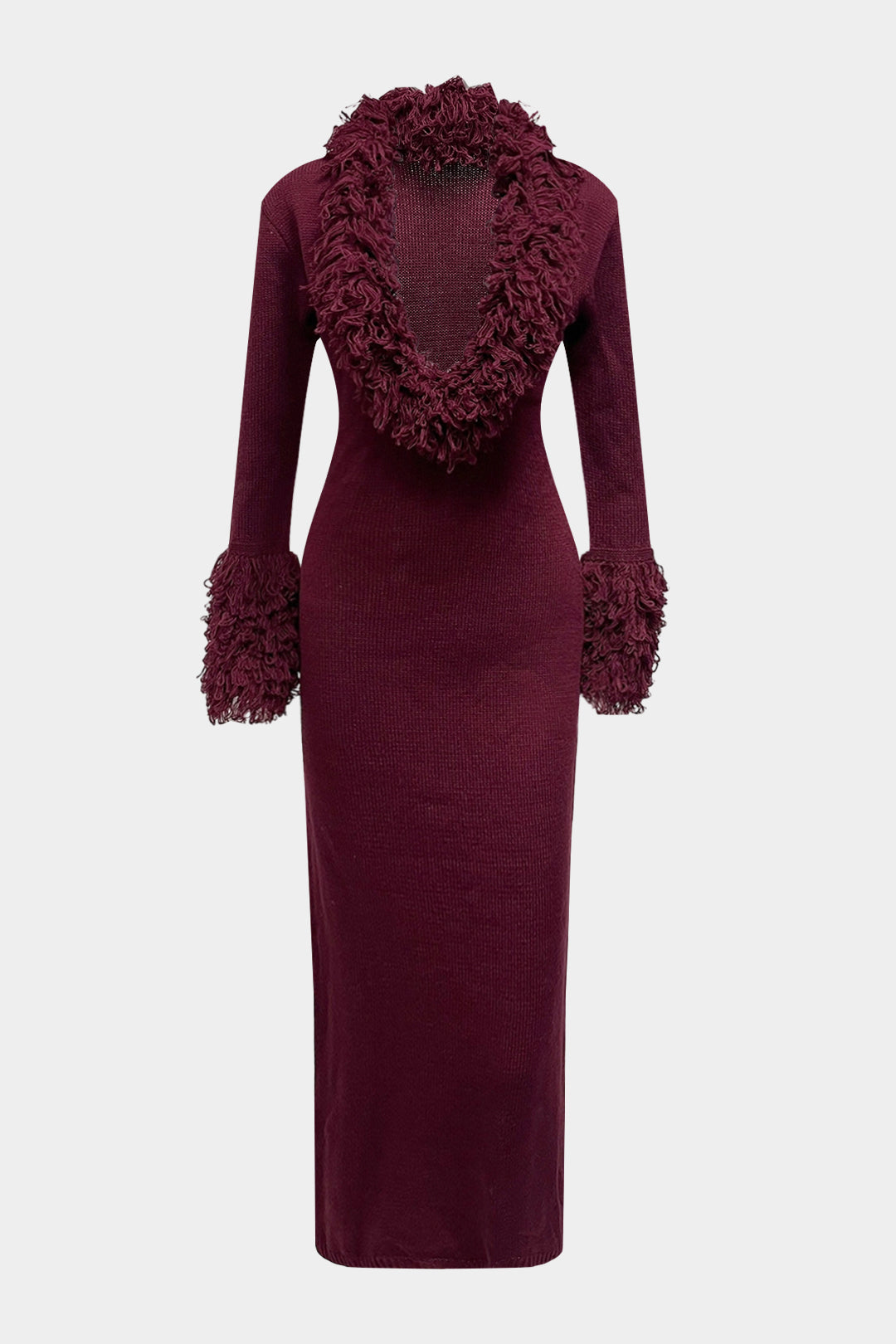 Knit Fringe Trim Deep V-Neck Long Sleeve Dress