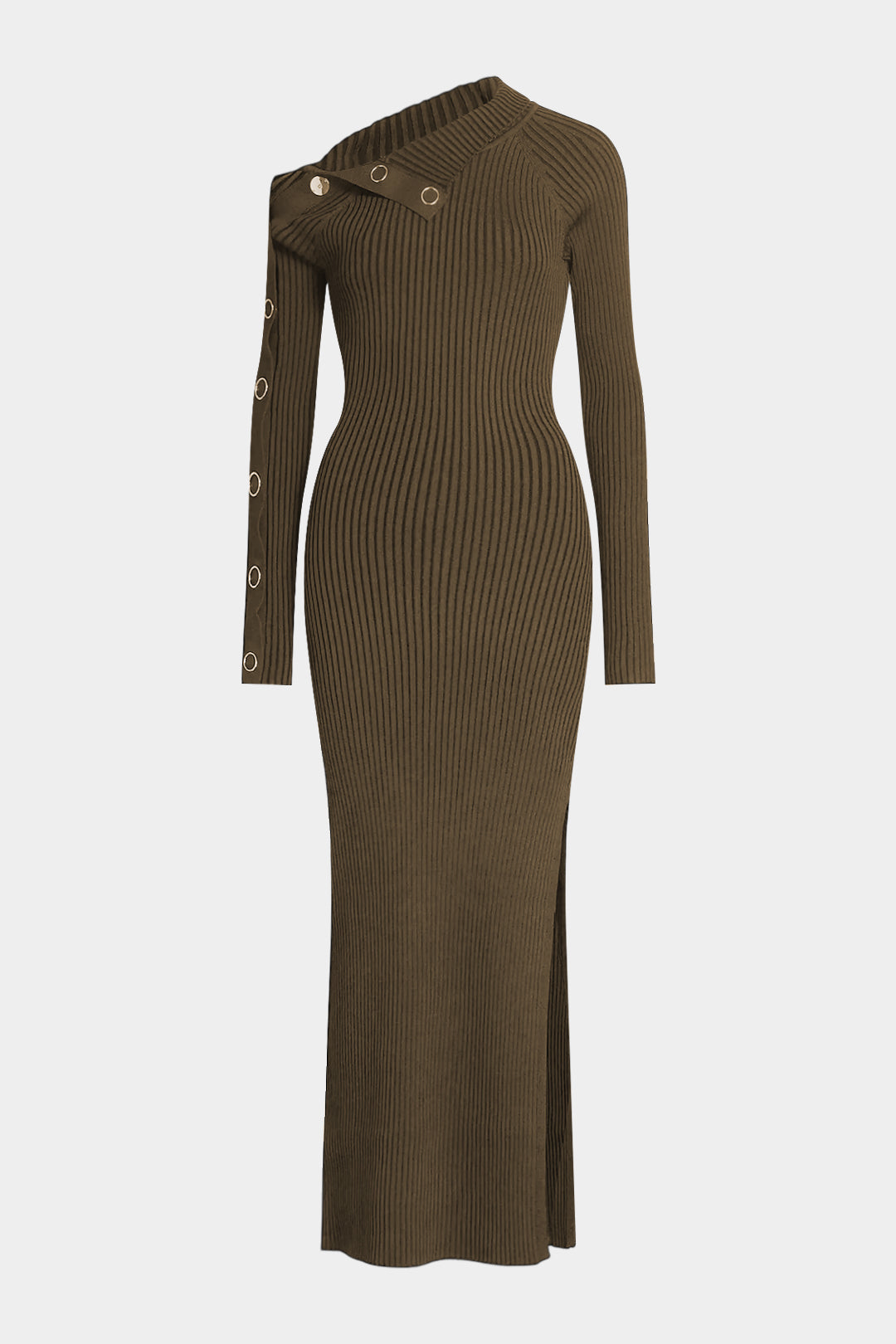 Knit Metallic Decor Asymmetrical Slit Long Sleeve Dress