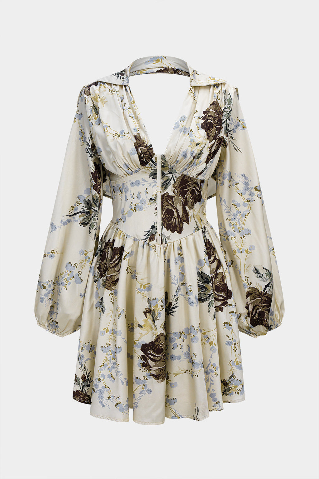 שמלת מידי עם שרוולים ארוכים וצווארון V, הדפס פרחוני וקשירה סאטן 