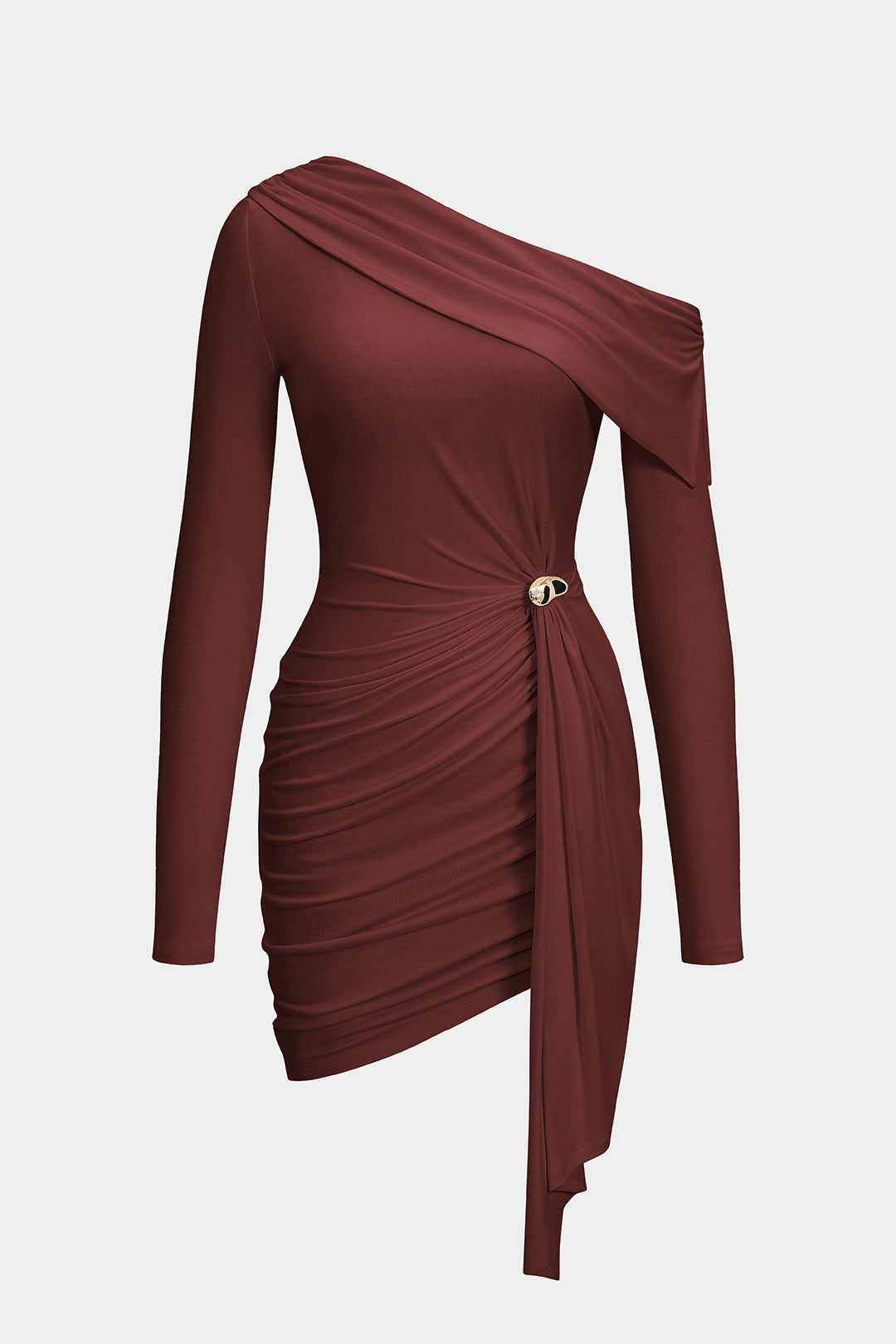 Metallic Ruched One Shoulder Long Sleeve Midi Dress