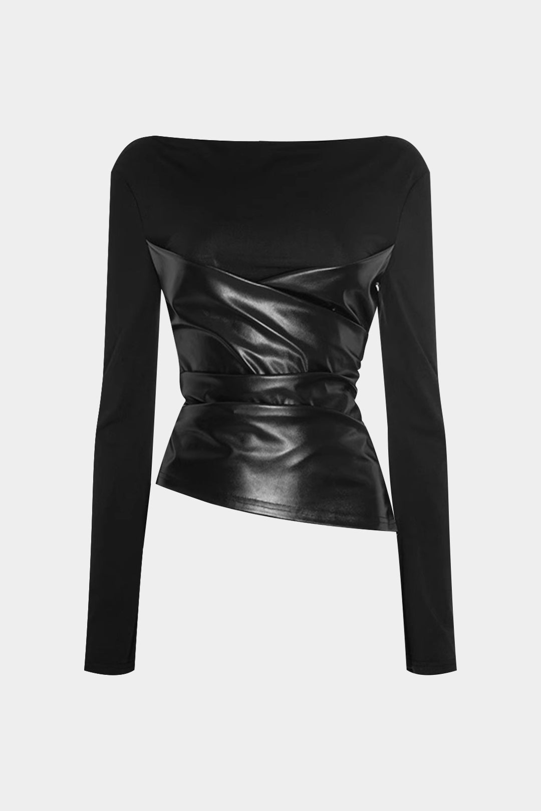 Faux Leather Patchwork Ruched Long-Sleeve Top