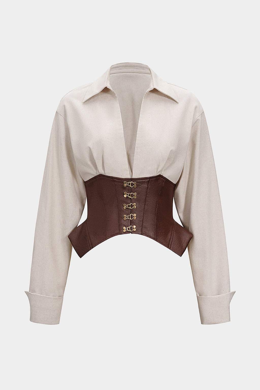 חולצה ארוכת שרוולים דמוית עור פשתן מטאלי עם טלאים 