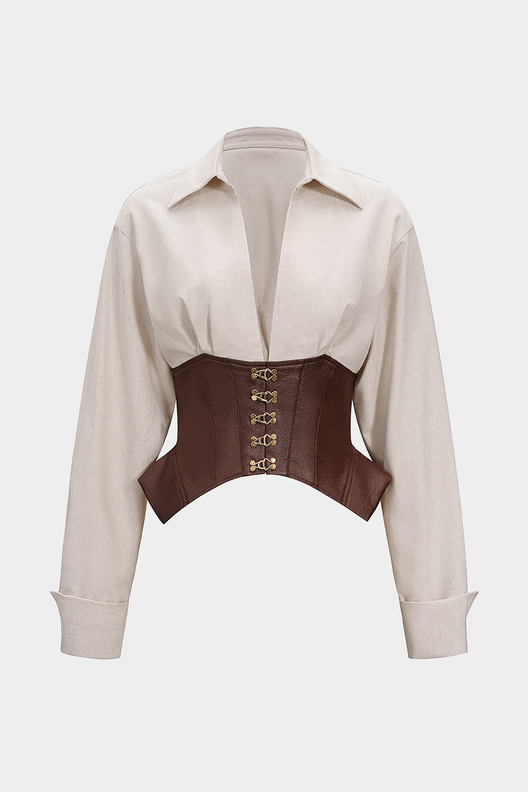 חולצה ארוכת שרוולים דמוית עור פשתן מטאלי עם טלאים 