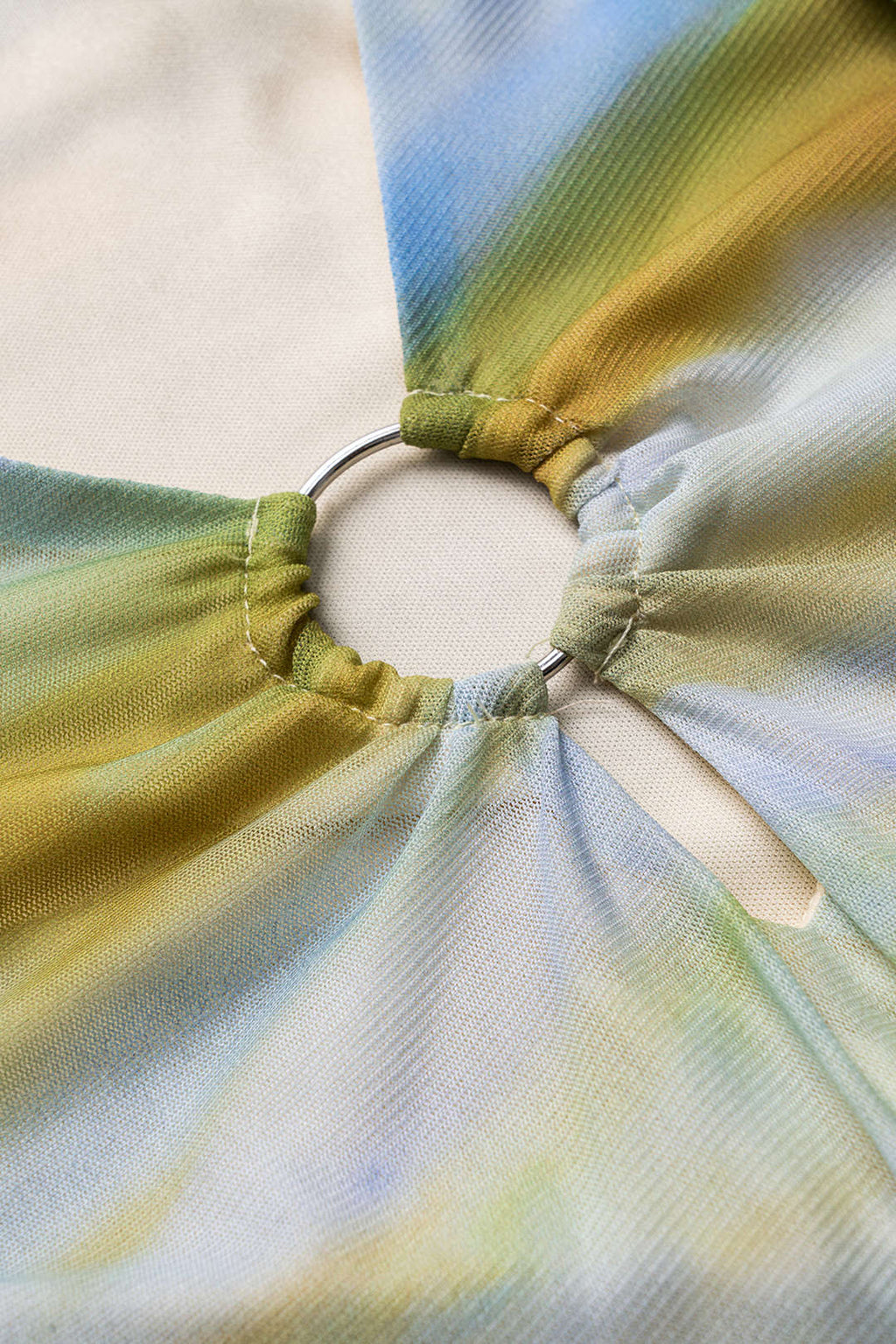 Abstract Print Mesh Ruched Cut Out Long Sleeve Mini Dress