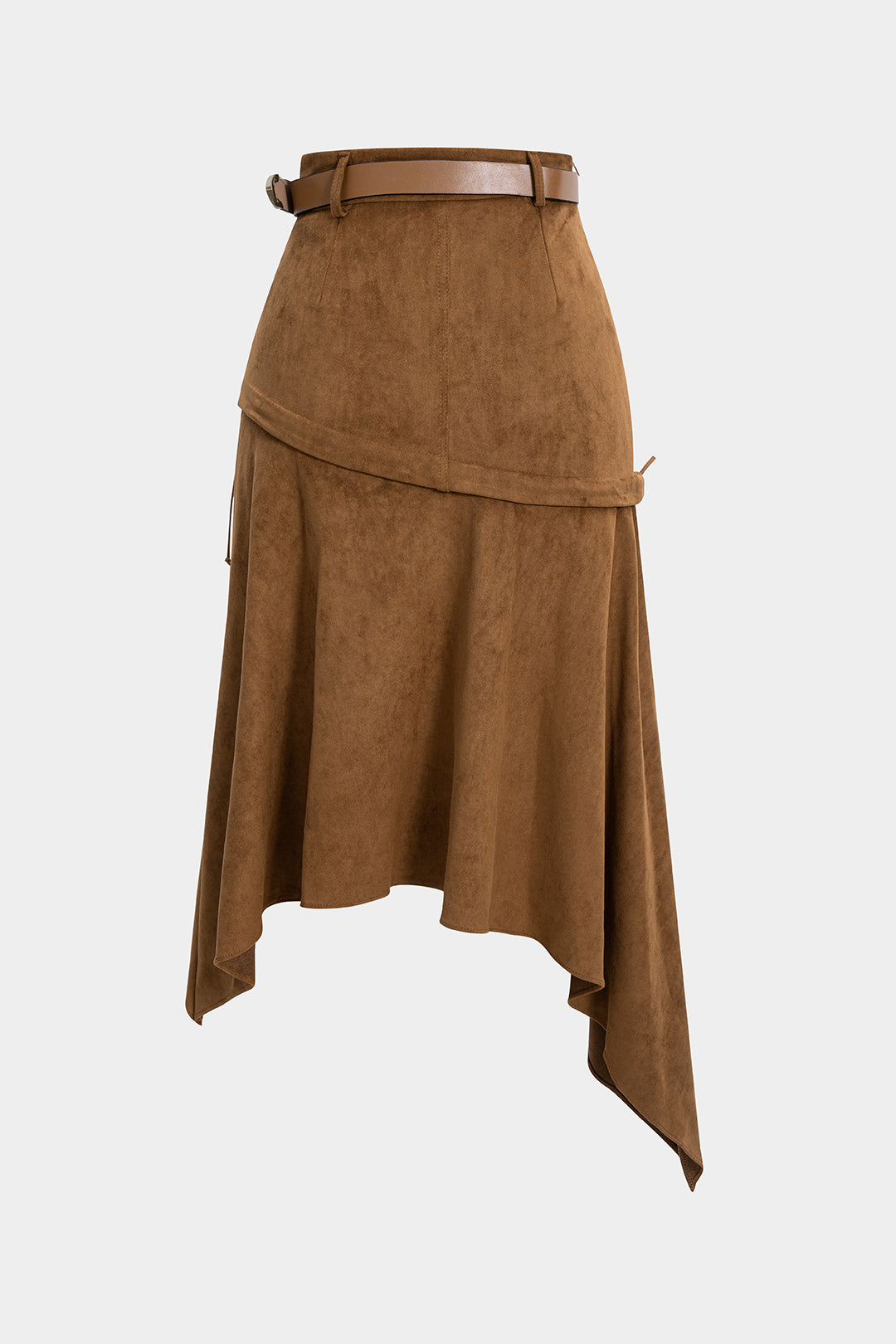 חצאית גבוהה עם חגורה מזמש ומכפלת לא סדירה 