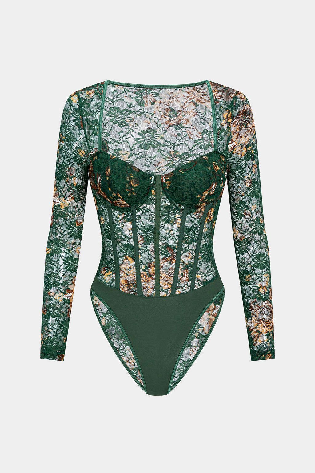 Floral Print Sheer Underwire Long Sleeve Bodysuit