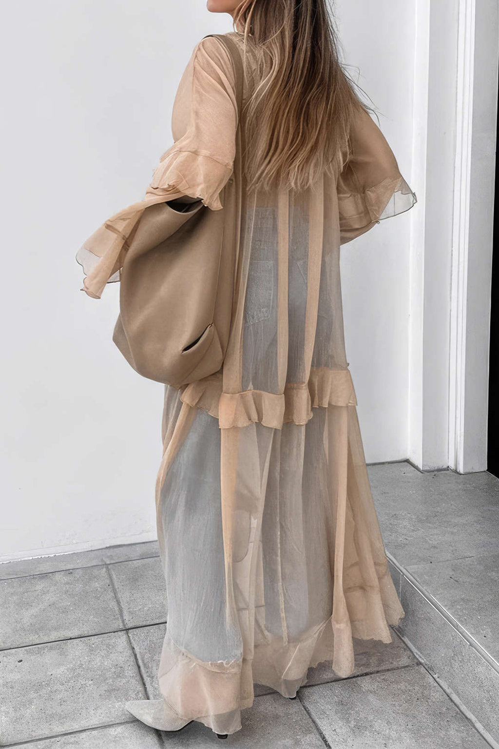 Mesh Sheer Tie-Up Ruffle Long Sleeve Maxi Dress