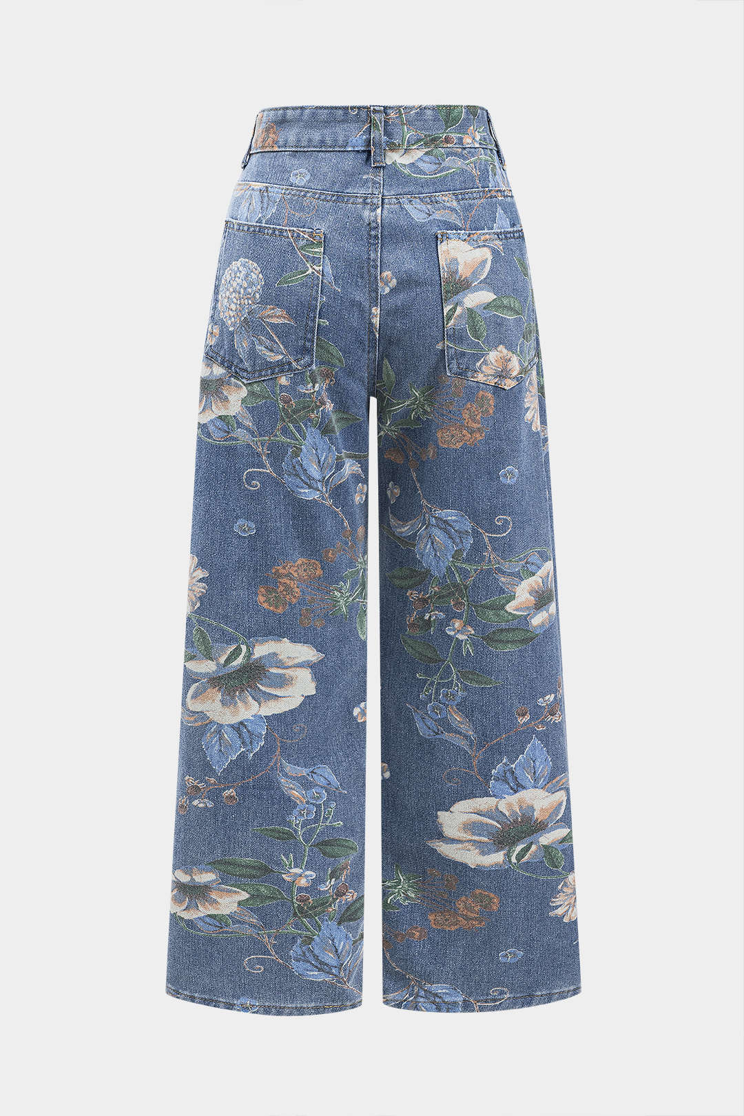 Pantalones Vaqueros Anchos Botón Frontal Floral Bolsillos