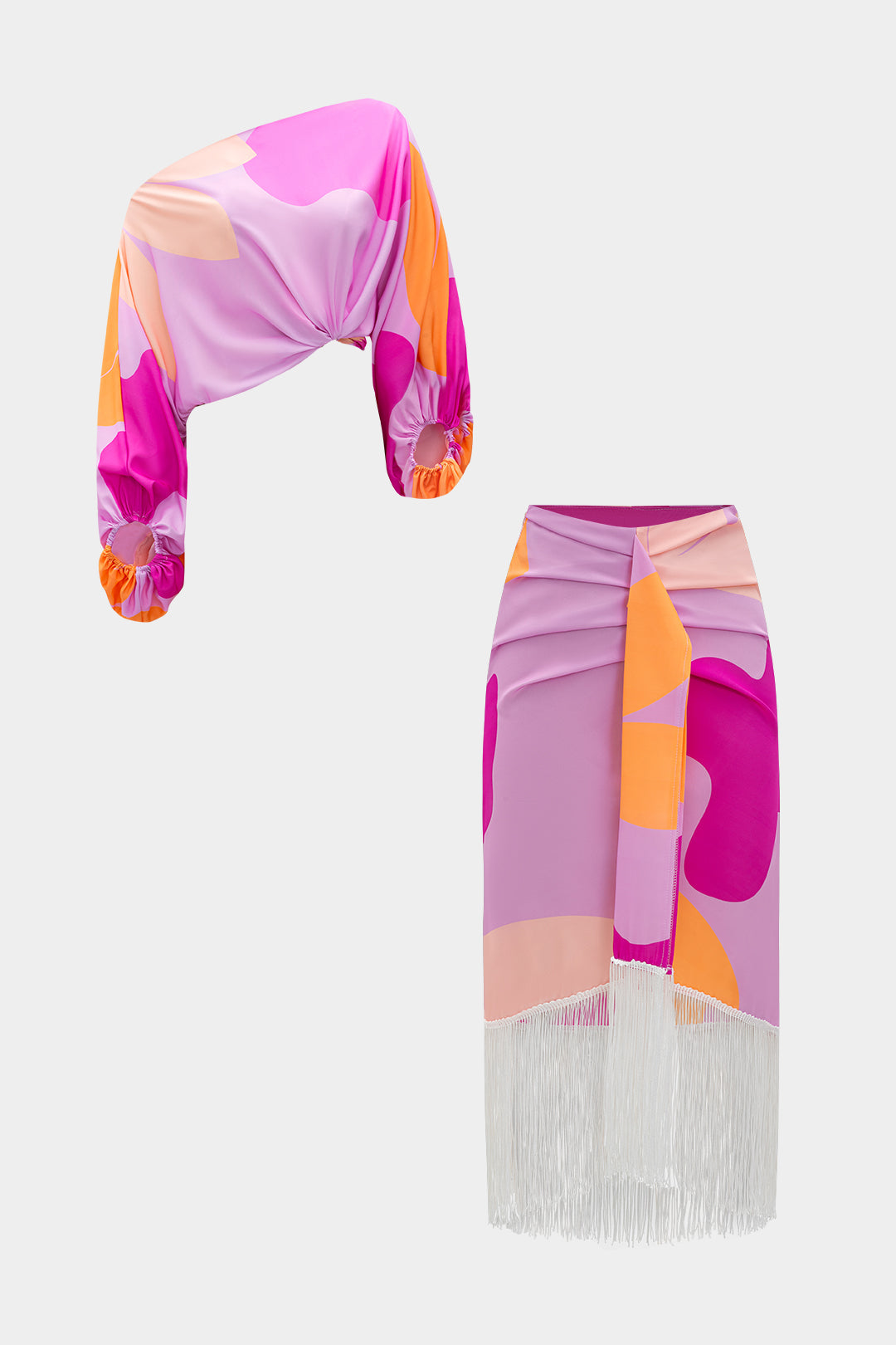Conjunto Blusa Un Hombro Y Falda Con Flecos Abstracta