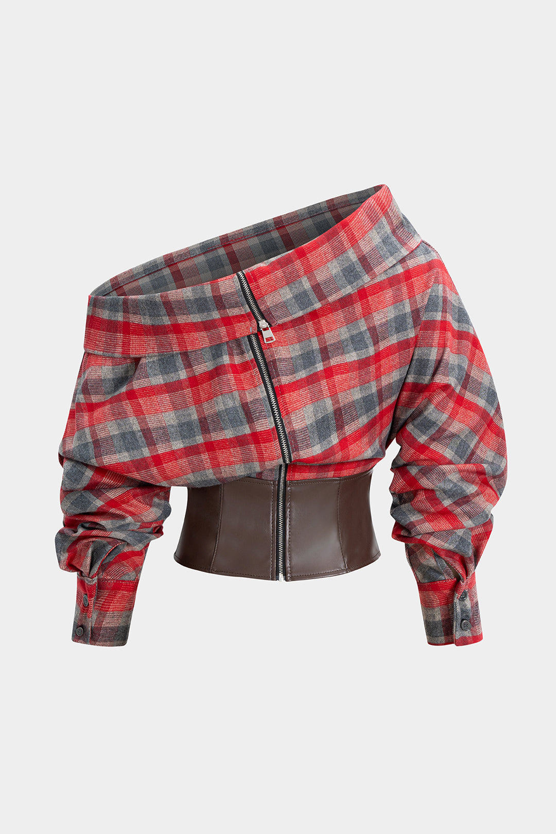 Plaid Print Faux Leather Asymmetrical Neck Long-Sleeve Shirt