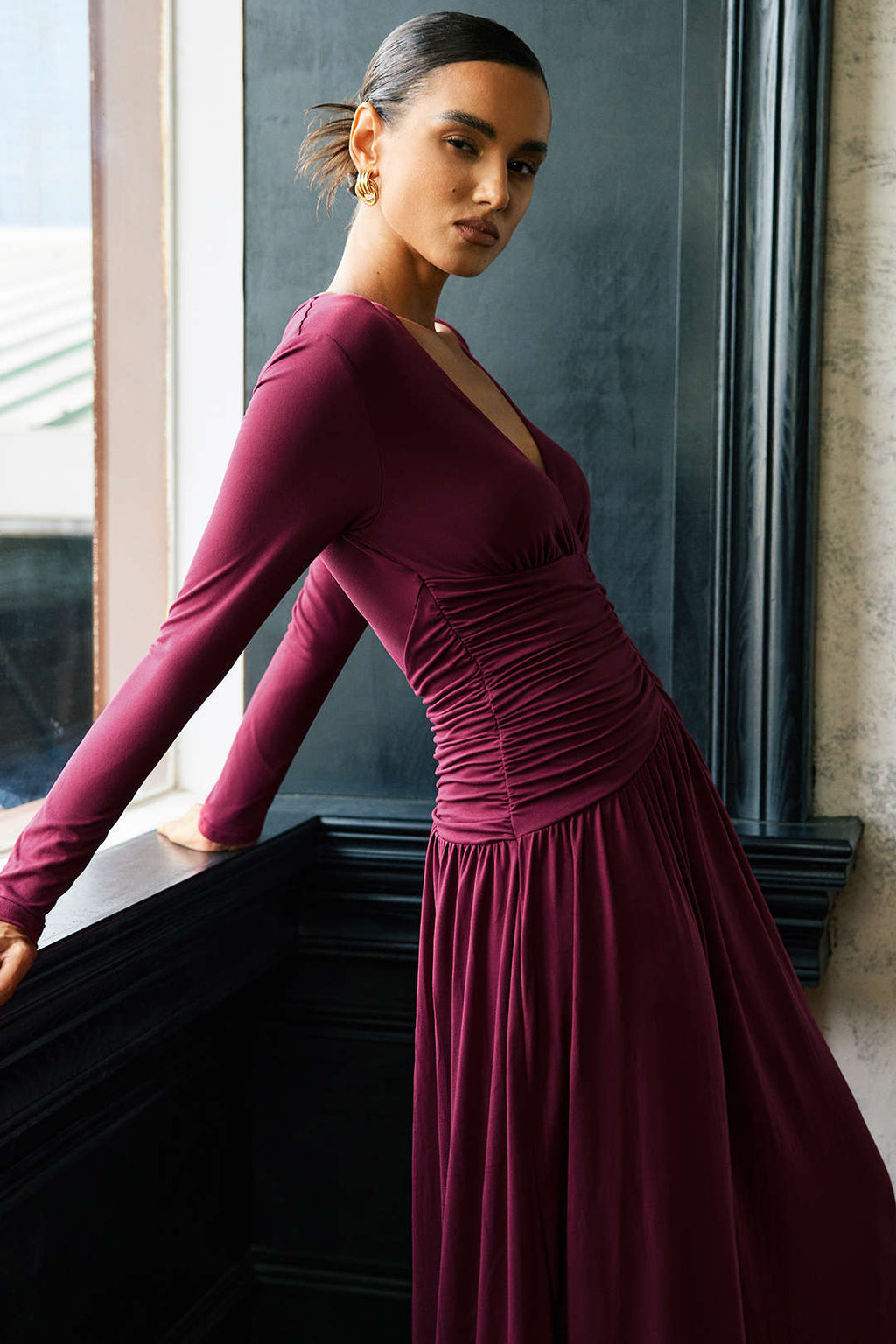 Ruched V-Neck Long Sleeve Maxi Dress