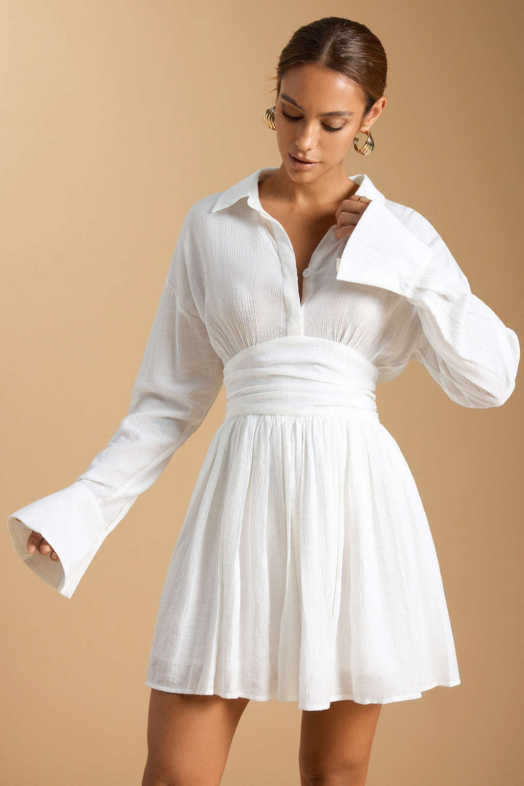 Button Ruched Long Sleeve Mini Dress