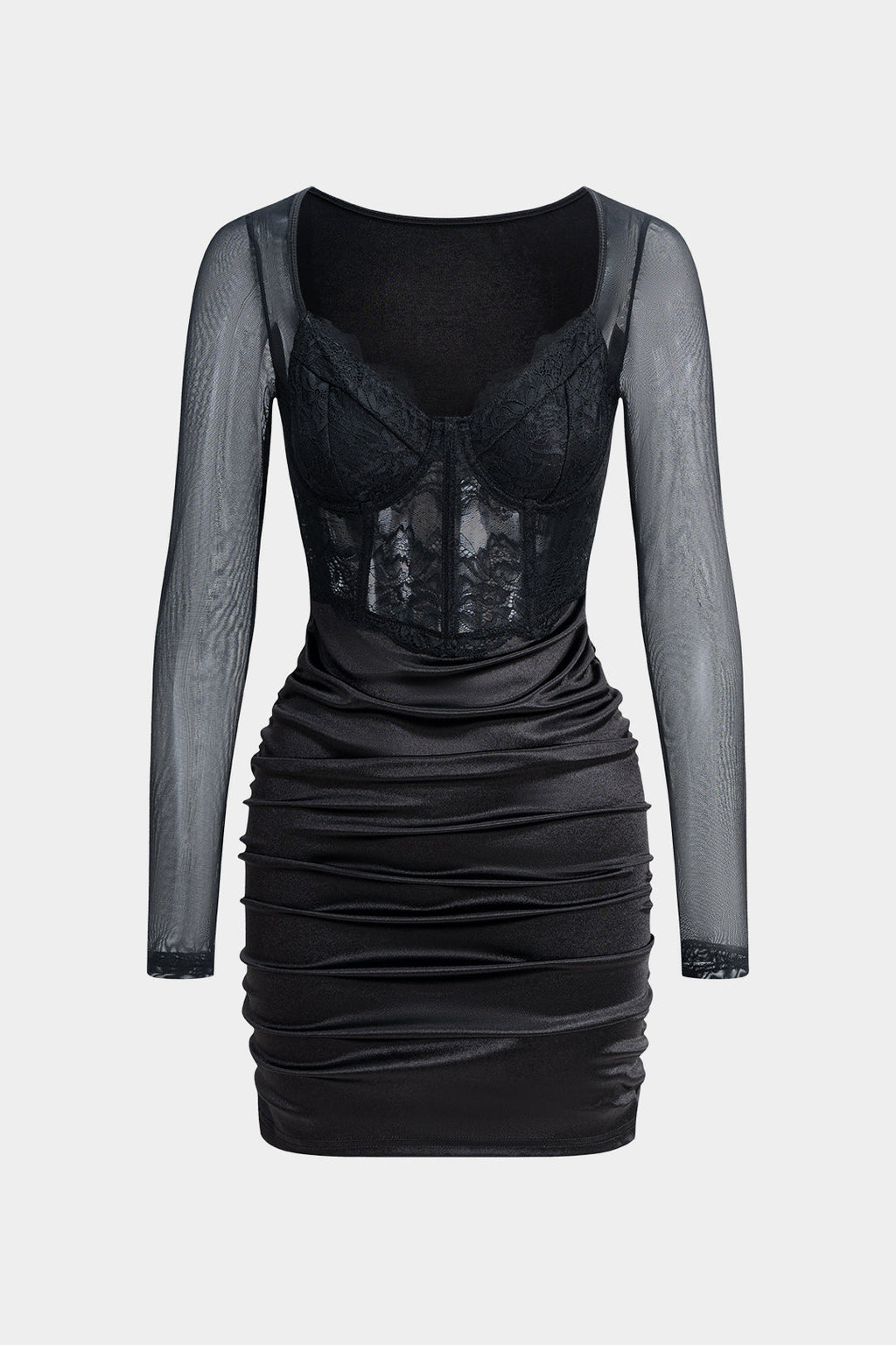 שמלת מיני עם שרוולים ארוכים וטלאים מרשת 