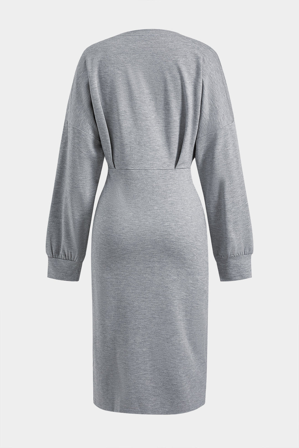 Ruched Slit Round Neck Long Sleeve Midi Dress