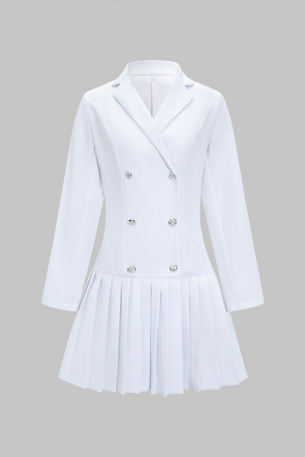 V-Neck Button Pleated Long Sleeve Mini Dress