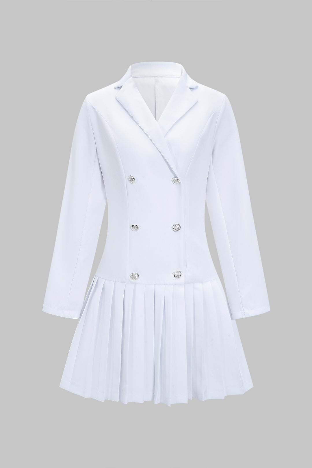 V-Neck Button Pleated Long Sleeve Mini Dress