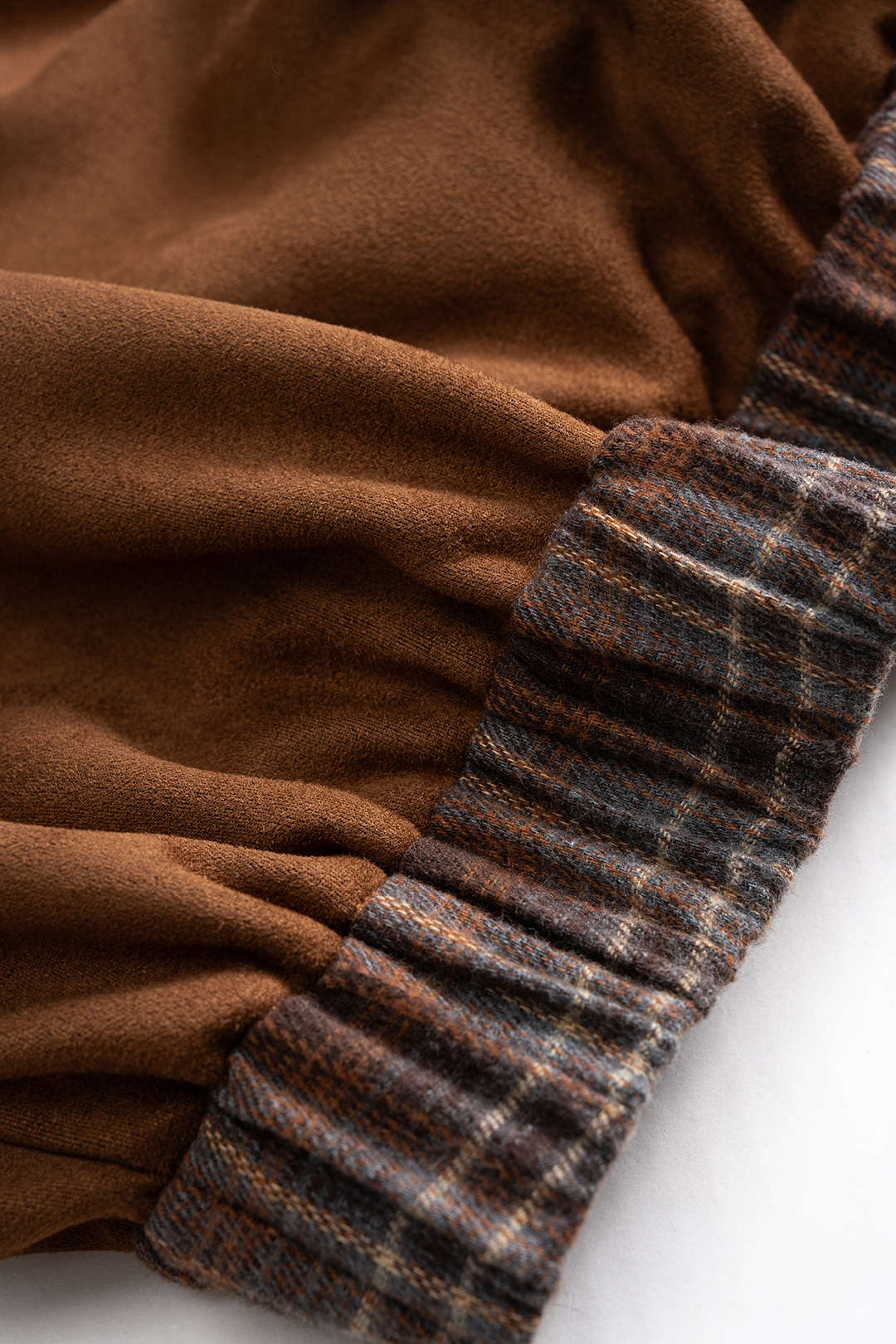 Plaid Print Suede Patchwork Button Shirred Waistband Sweatshirt