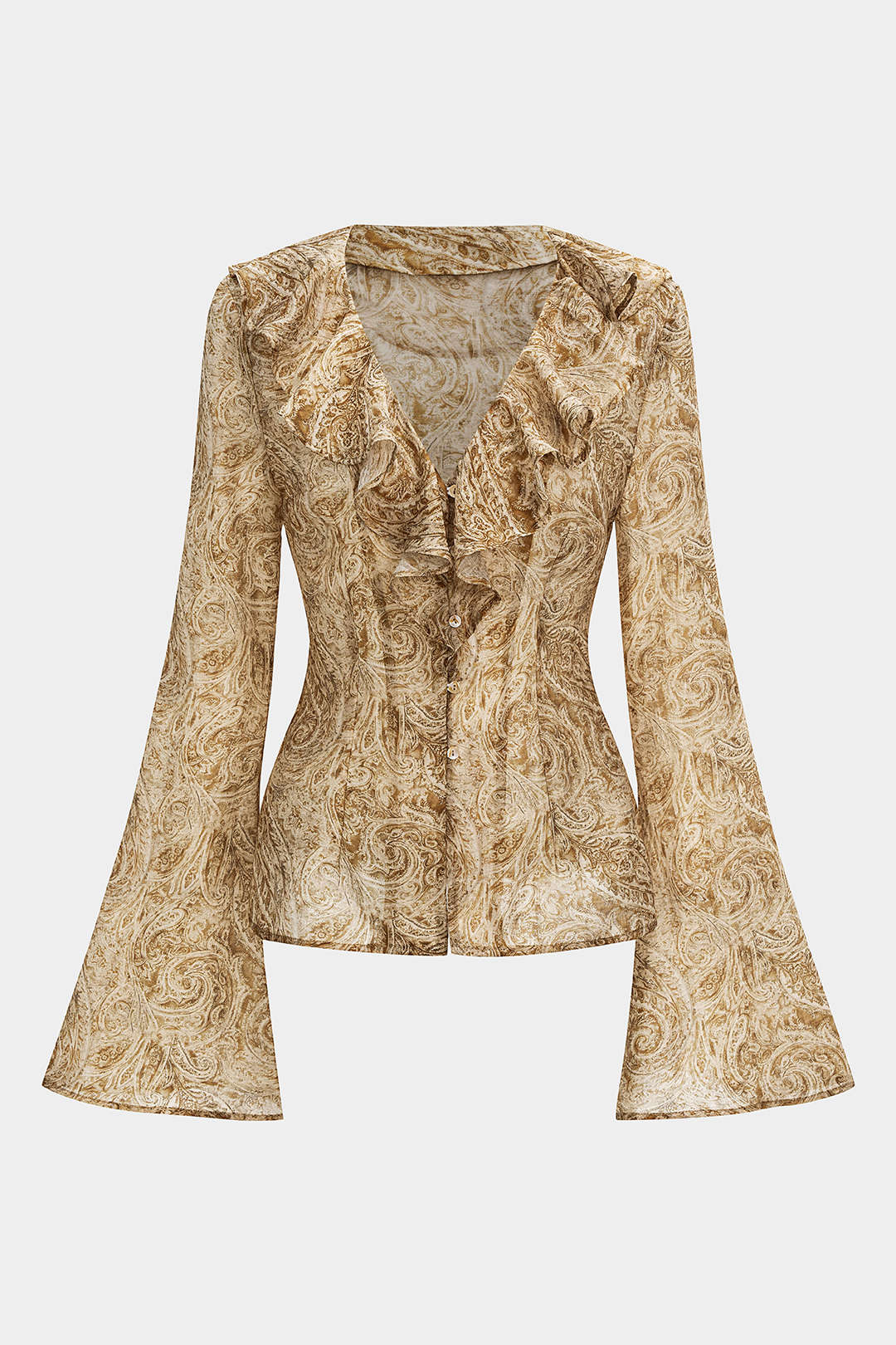 Abstract Print Ruffle Neck Long-Sleeve Shirt