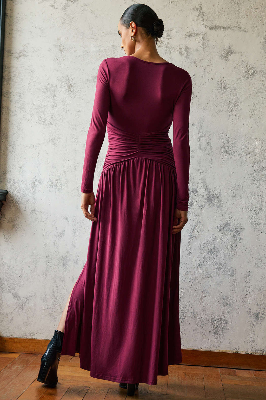 Ruched V-Neck Long Sleeve Maxi Dress
