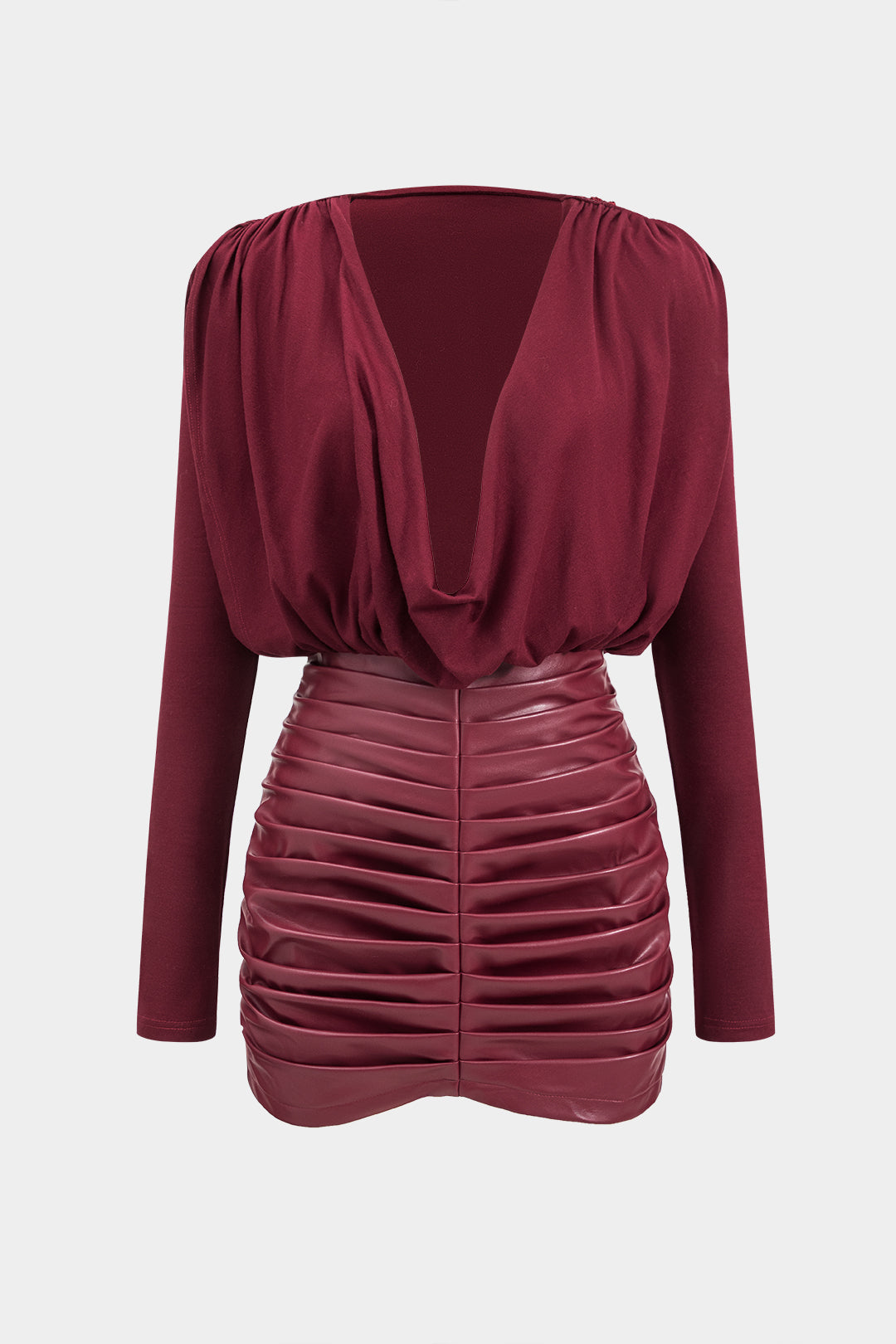 שמלת מיני עם צווארון קפלים ועטיפה בגזרה ארוכה מעור דמוי עור 