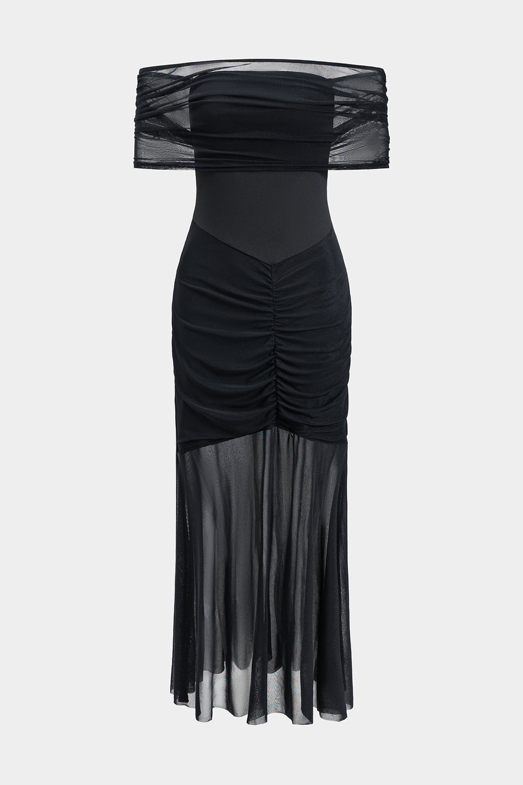 Mesh Off Shoulder Ruched Maxi Dress