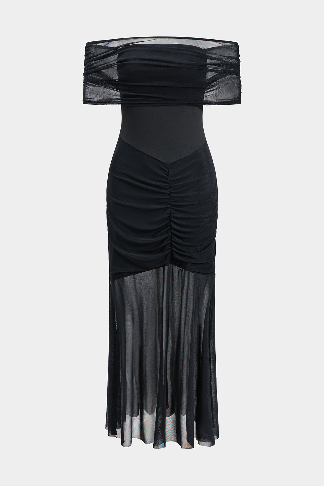 Mesh Off Shoulder Ruched Maxi Dress