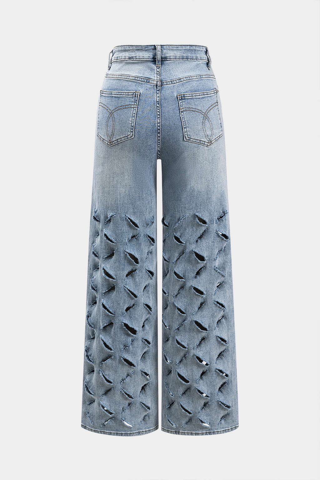 Vaqueros Denim Pierna Ancha Con Desgaste Y Bolsillos Botón