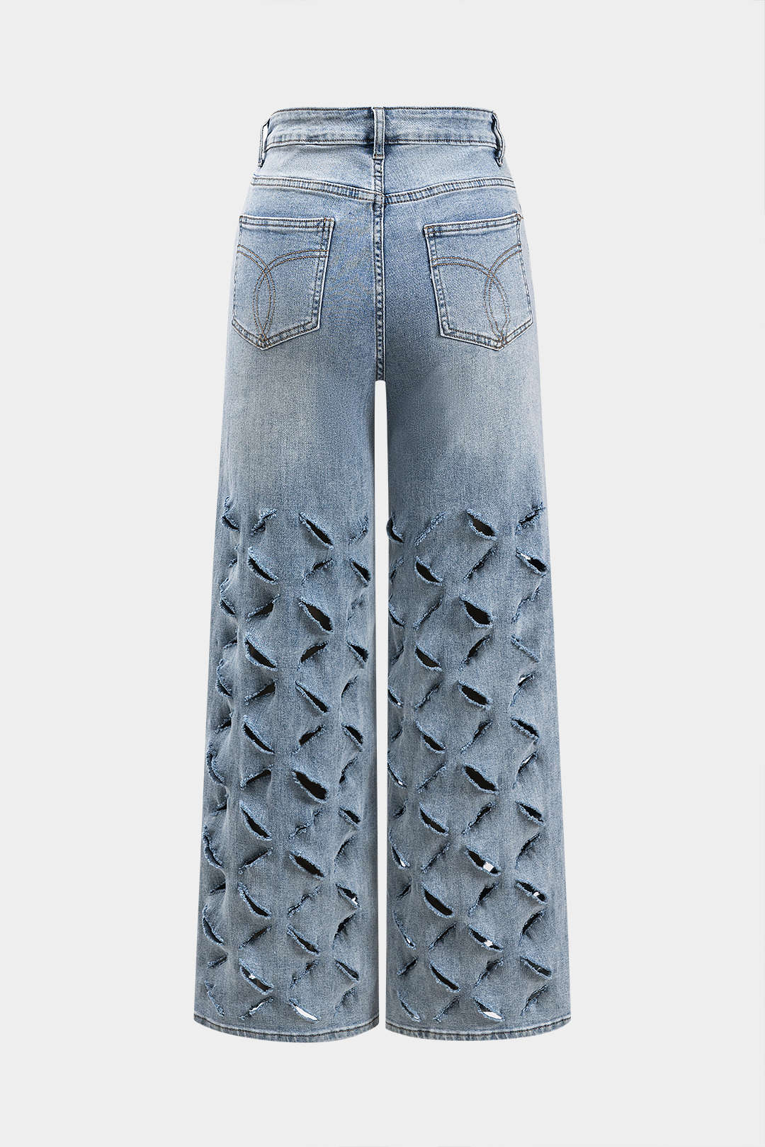 Vaqueros Denim Pierna Ancha Con Desgaste Y Bolsillos Botón