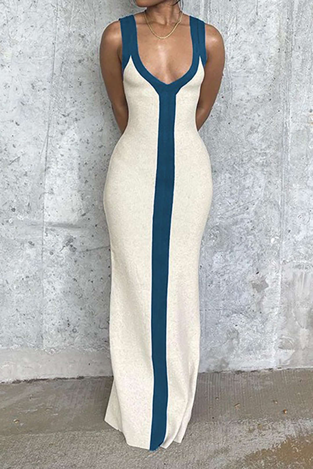 Vestido Maxi Color Block Con Escote En V Y Ribbed Elegante