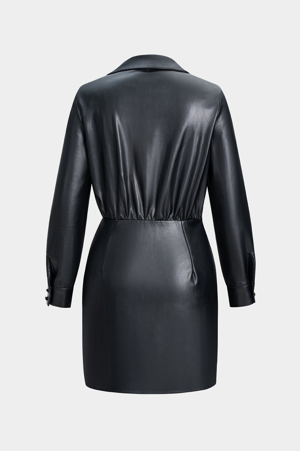 Faux Leather V-Neck Ruched Long Sleeve Mini Dress