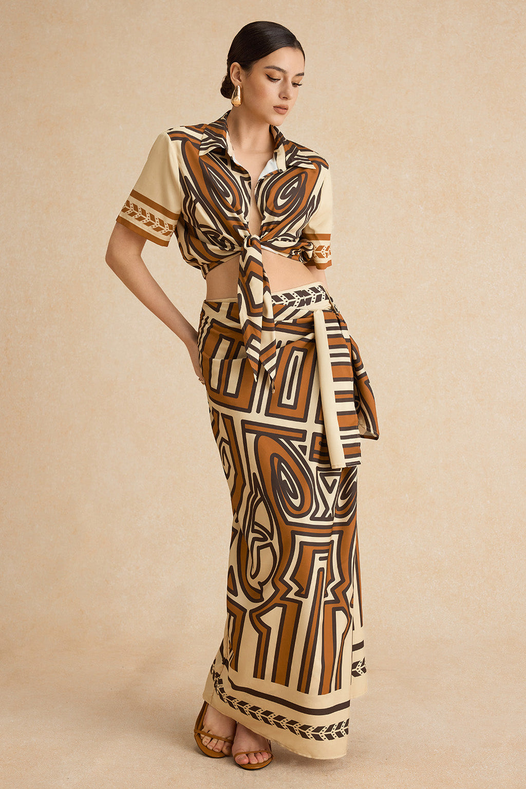 Abstract Geometric Bohemian Print Ruched Tie Front Twist Knot Zipper Skirt