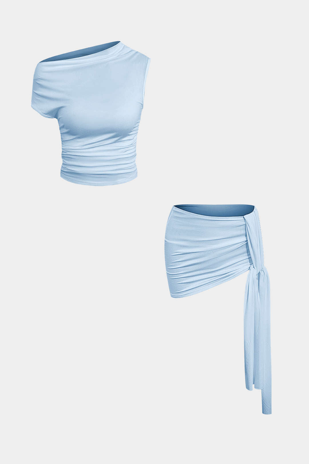Conjunto Top Corto Asimétrico Y Falda Mini Atada Elegante