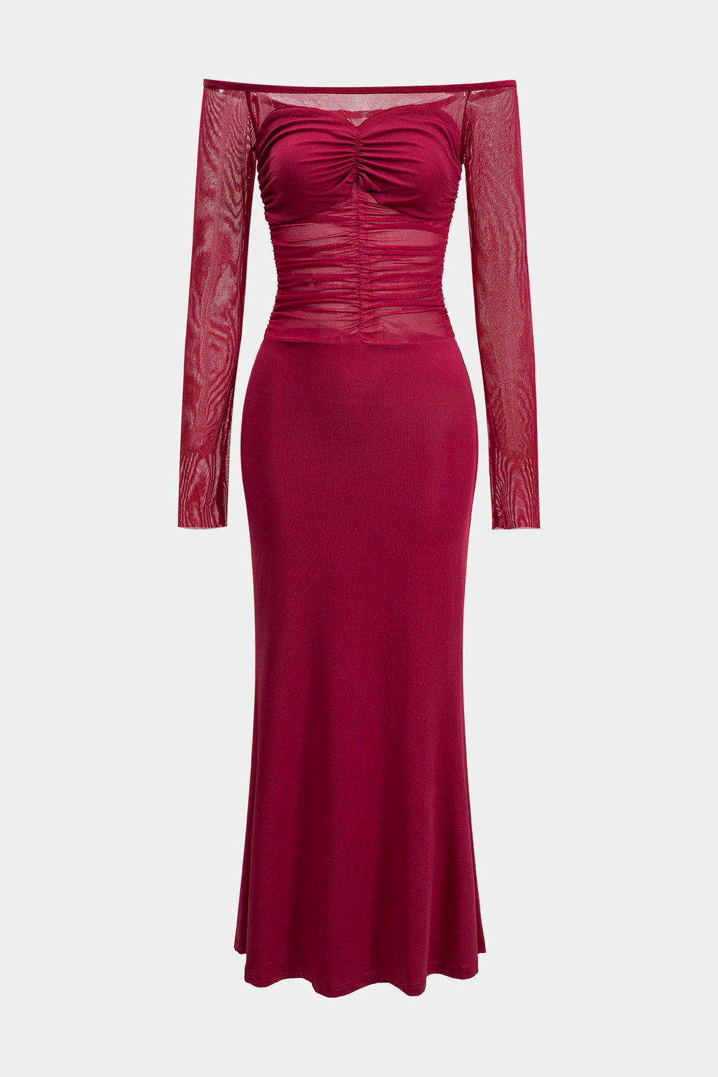 Mesh Patchwork Off Shoulder Ruched Long Sleeve Maxi Dress