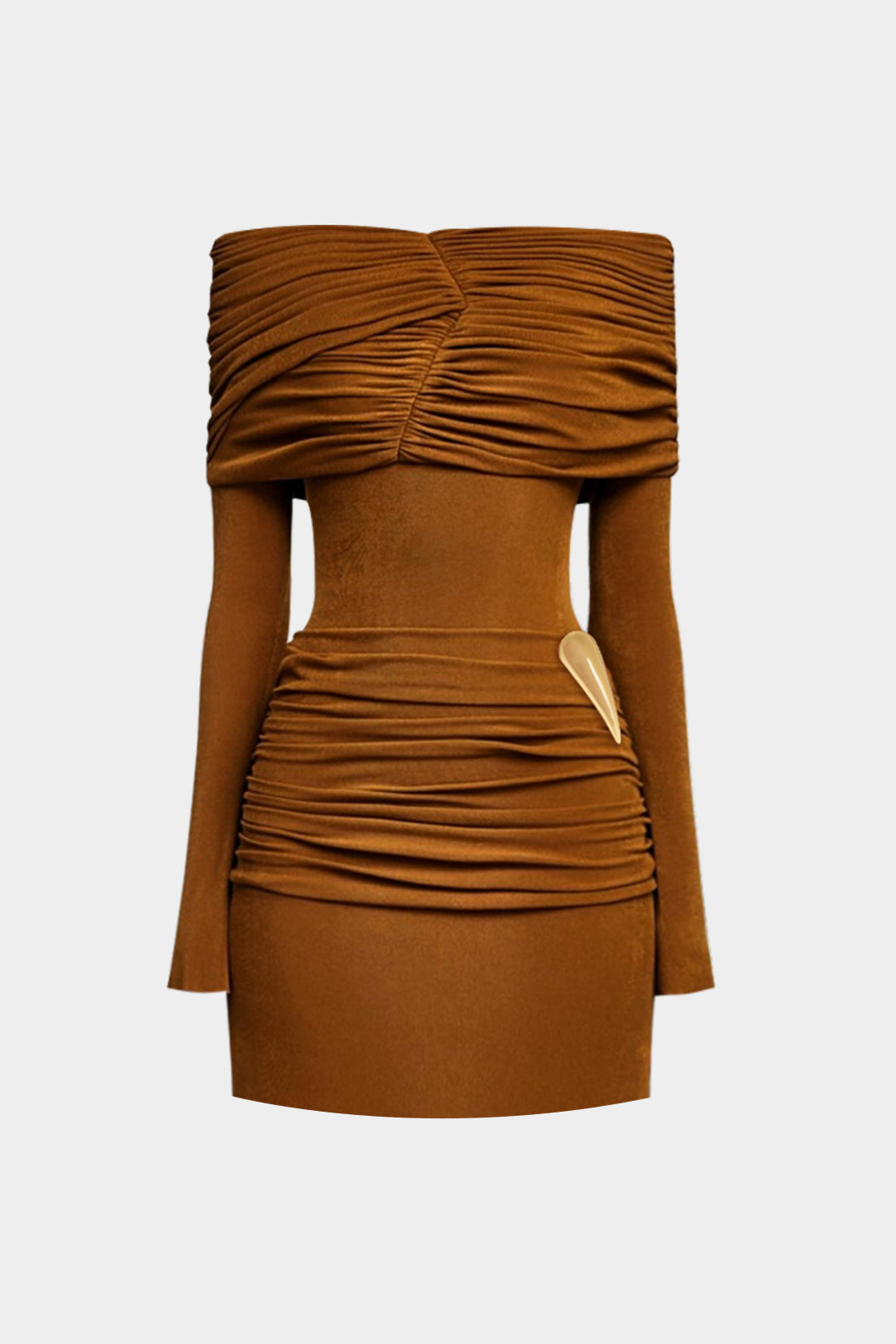 Off Shoulder Metallic Decor Ruched Long Sleeve Mini Dress