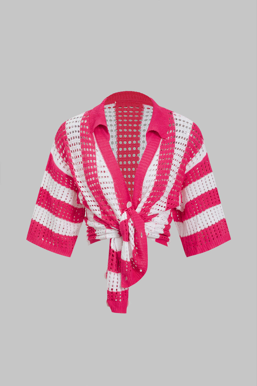 Conjunto Corto de Punto a Rayas Casual con Detalles Calados