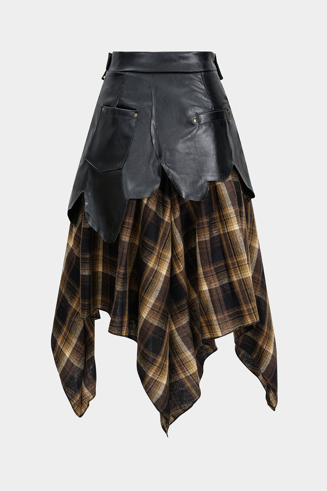 Color Block Plaid Print Faux Leather Patchwork Tie-Up Asymmetrical Pocket Skirt