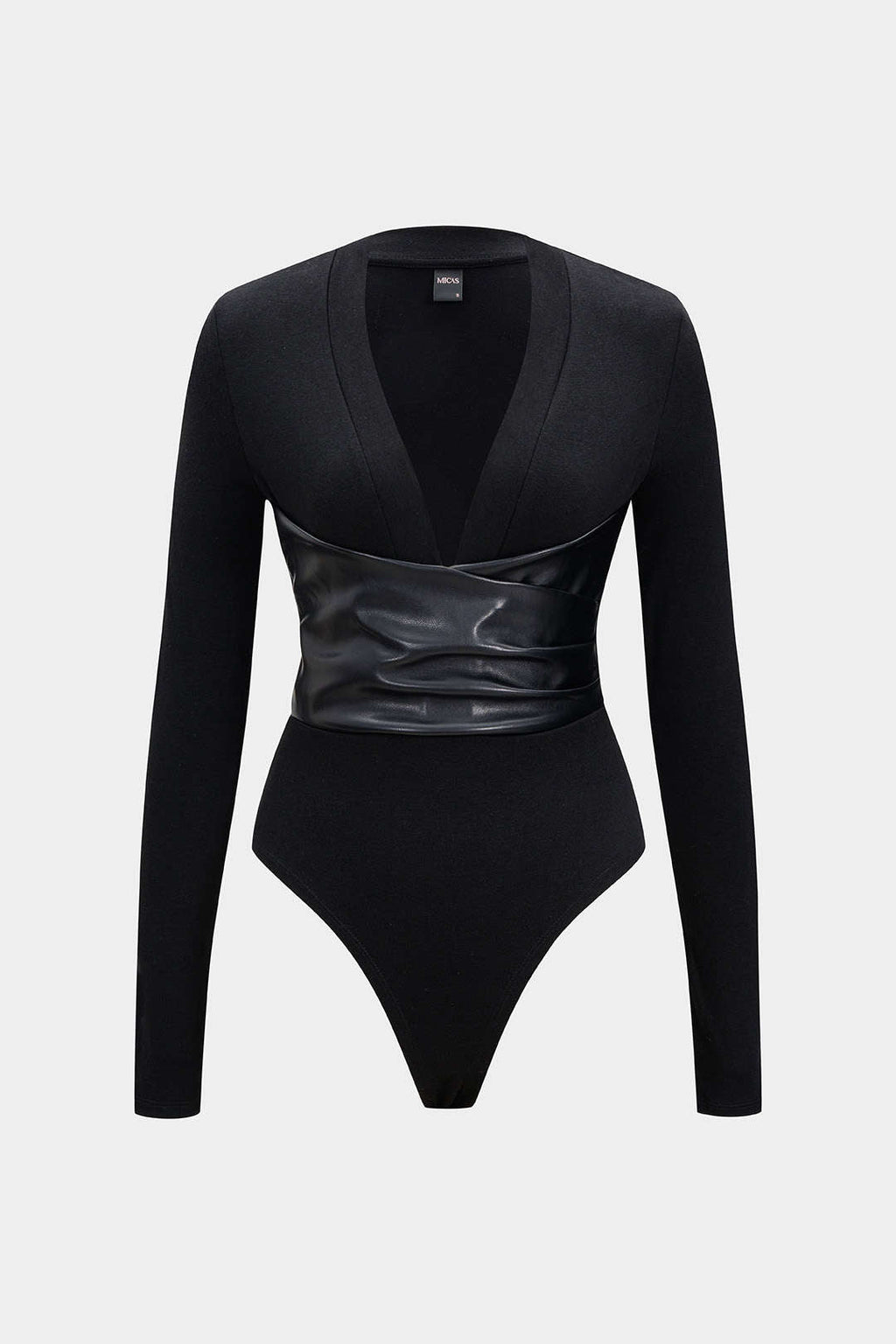 Faux Leather Crossed V-Neck Long Sleeve Bodysuit