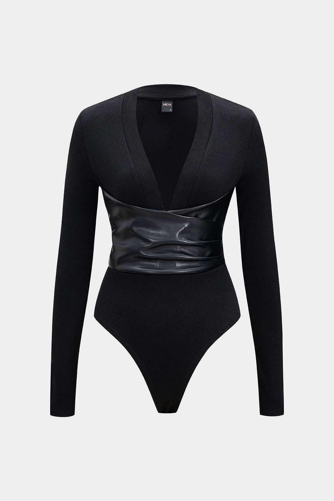 Faux Leather Crossed V-Neck Long Sleeve Bodysuit