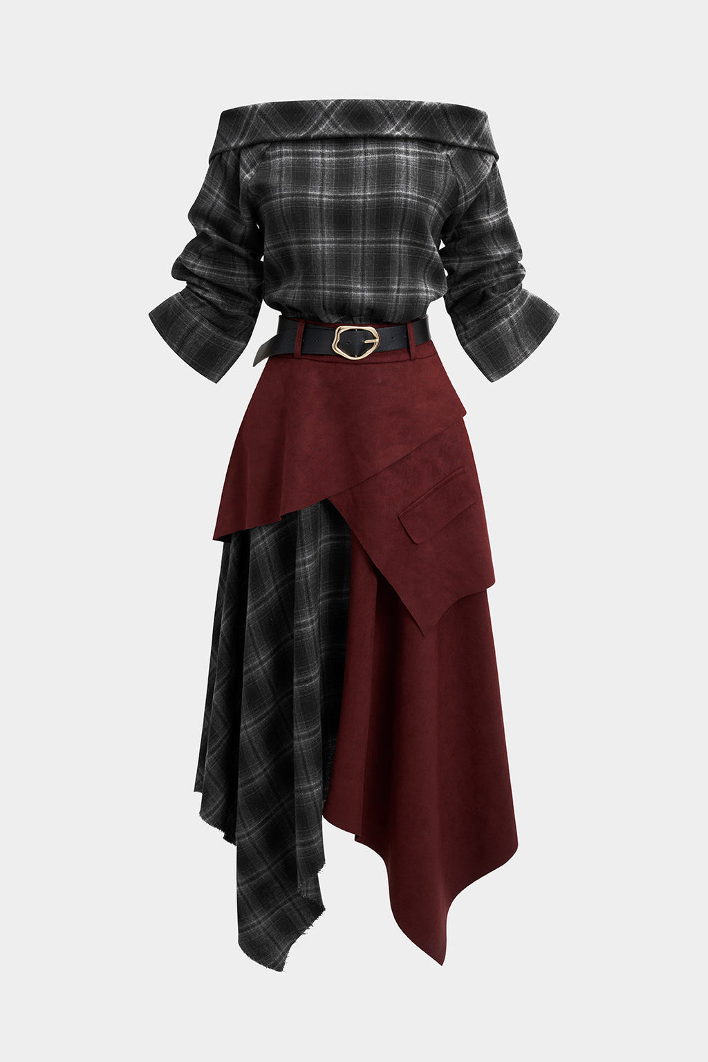 שמלת מידי עם כתפיים פתוחות ודלתות, רוכסן וחגורה, שרוולים ארוכים והדפס זמש משובץ 