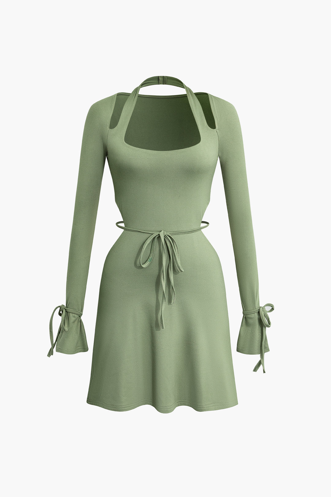 Square Neck Halter Tie Bell Sleeve Mini Dress