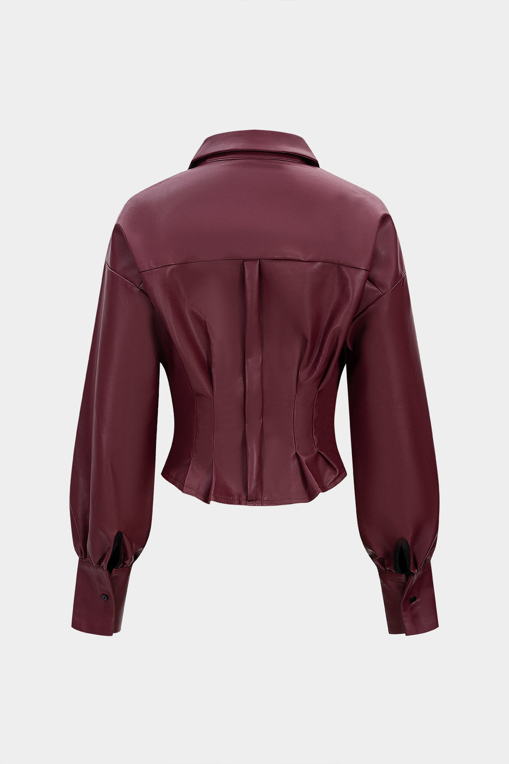 Faux Leather Pleated Belted Long-Sleeve Shirt