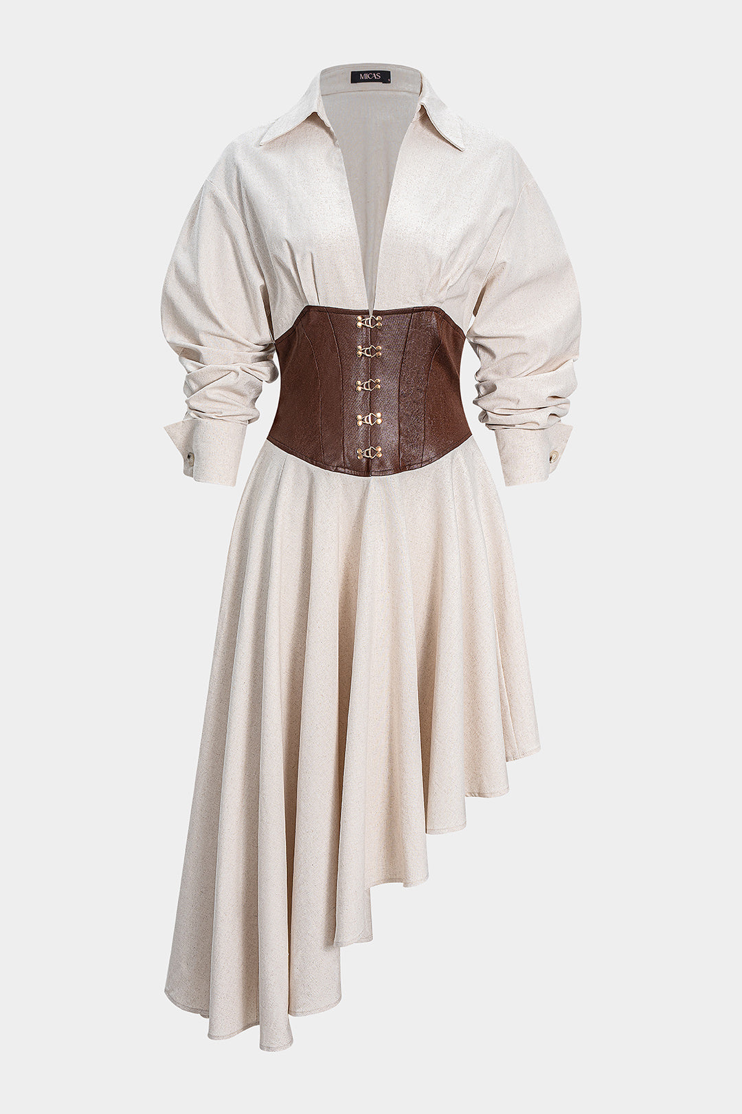 Faux Leather Patchwork Asymmetrical Hem Long Sleeve Maxi Dress