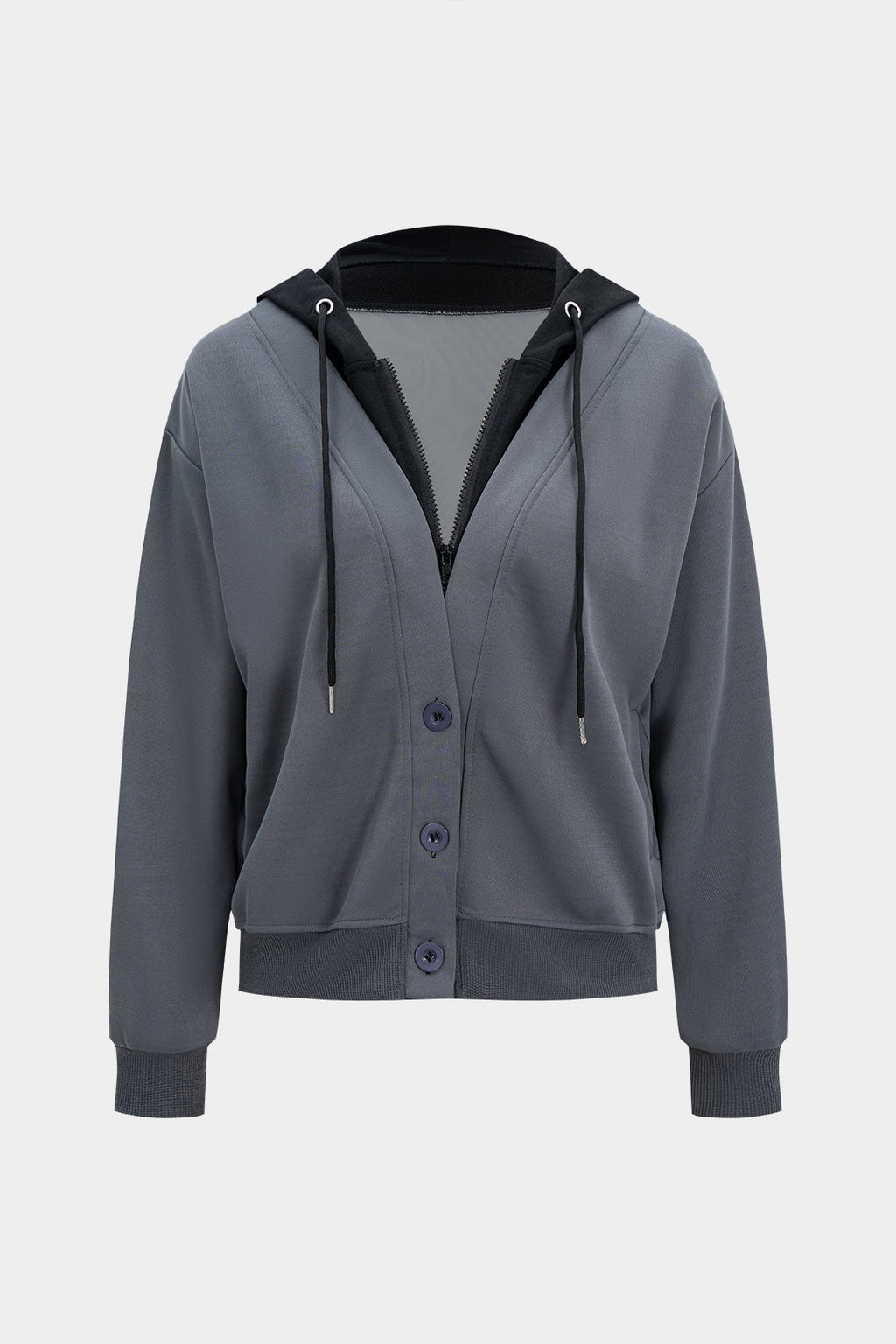 Drawstring Button Patchwork Zipper Hoodie