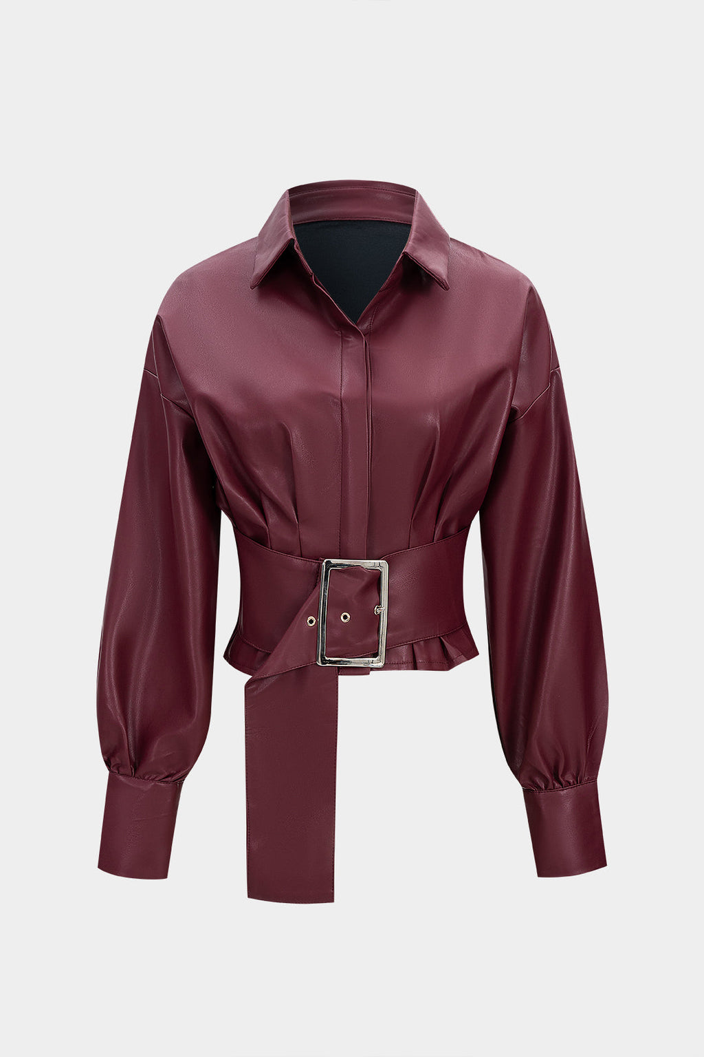 Faux Leather Pleated Belted Long-Sleeve Shirt
