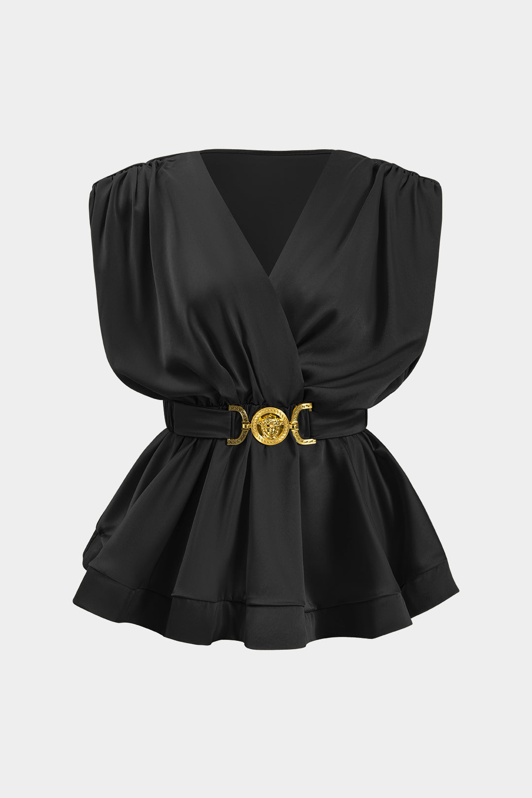Blusa de Satén Metálico con Espagueti Drapeado y Botones
