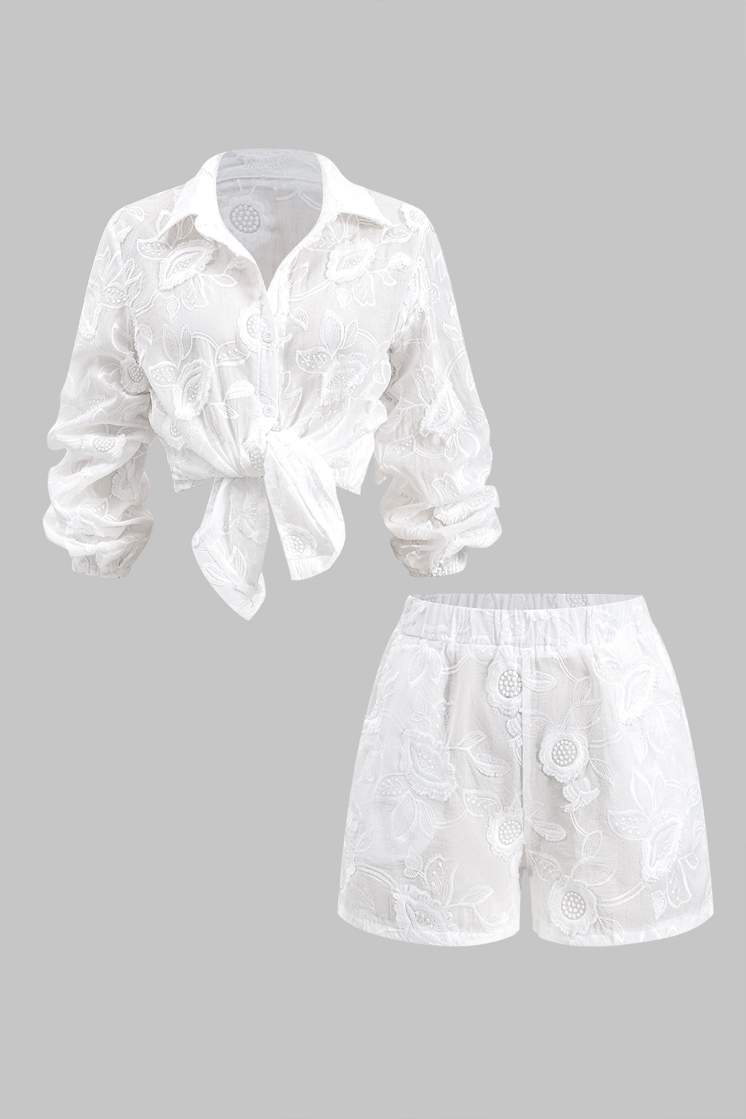 Conjunto Bordado de Blusa Manga Larga y Shorts Elegante