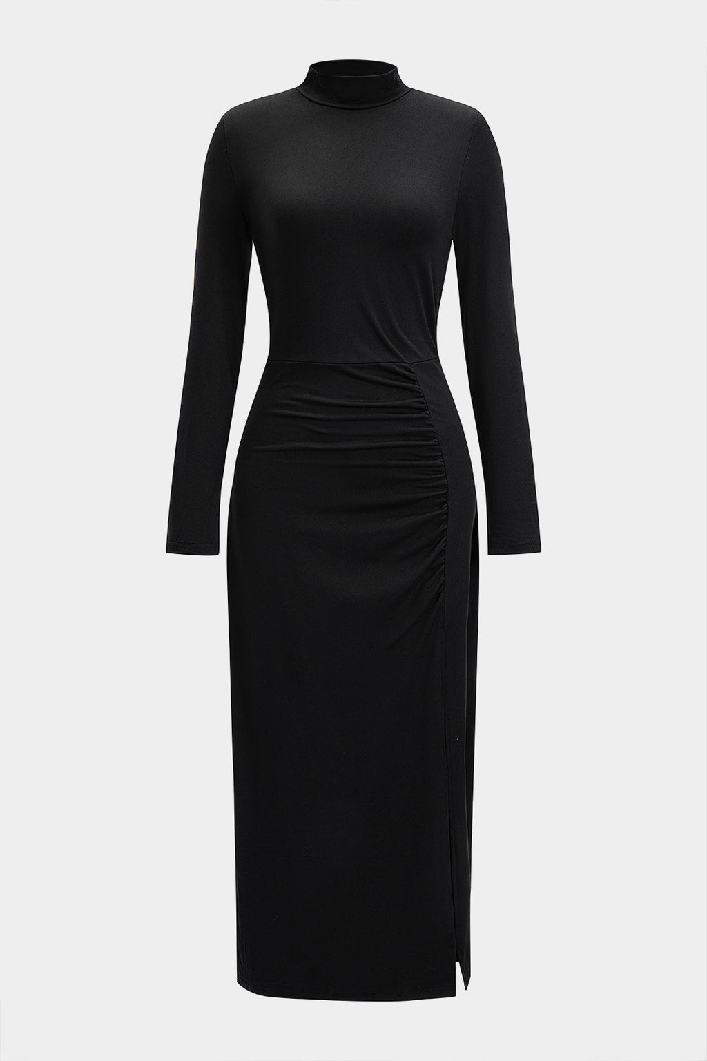 Ruched Side Slit Long Sleeve Maxi Dress