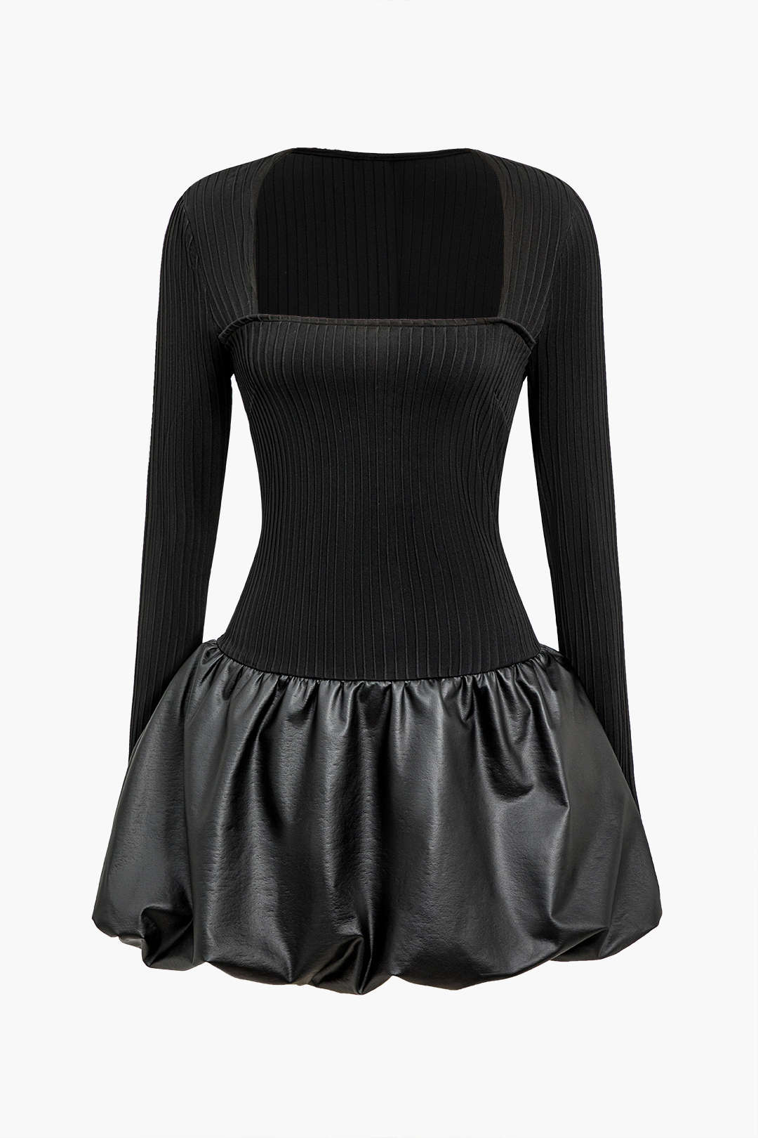 שמלת מיני עם צווארון מרובע וקשירה בצבע PU 