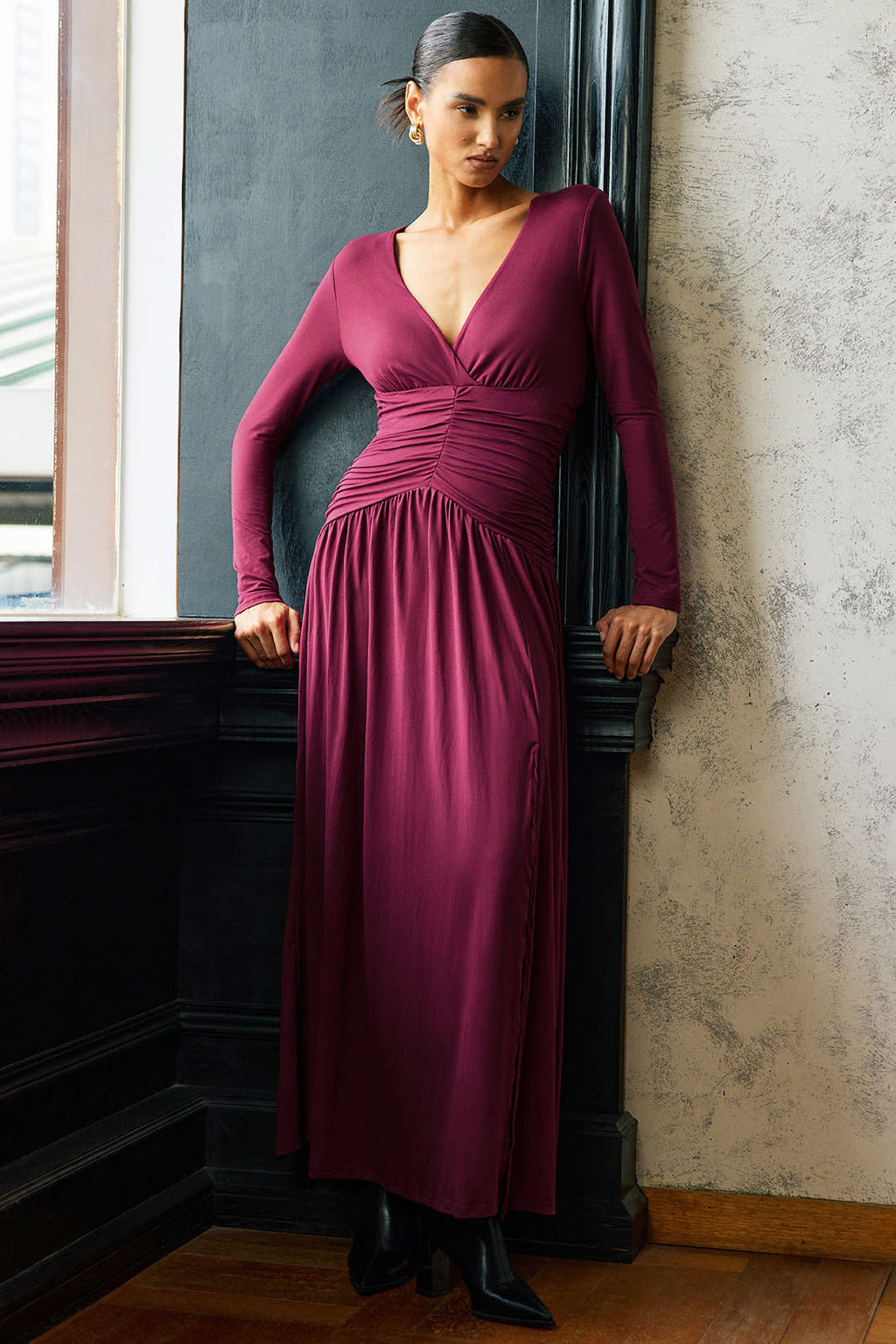 Ruched V-Neck Long Sleeve Maxi Dress