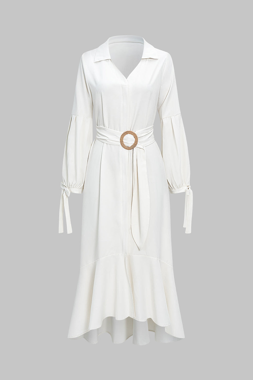 Solid V-Neck Belted Tie-Up Long Sleeve Maxi Dress